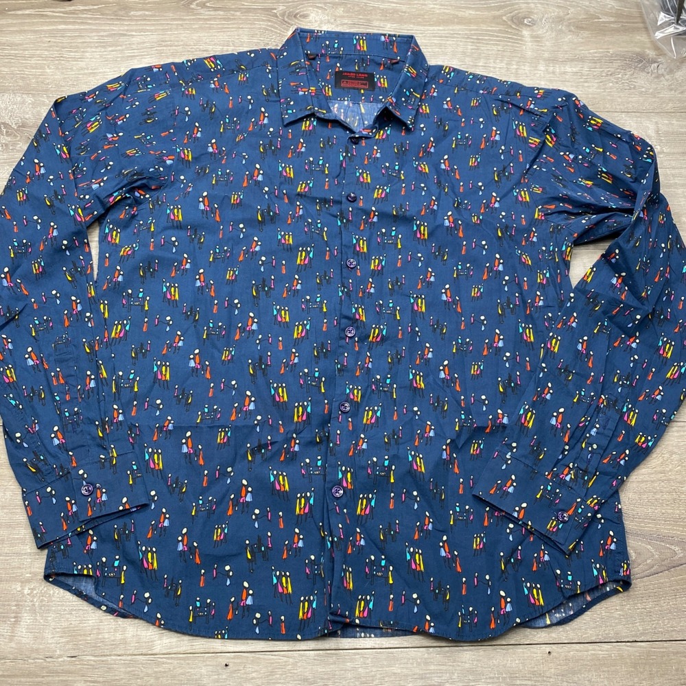 Jared Lang Button Down Shirt Mens 2XL Blue Slim Fit Crowd Print After Hours